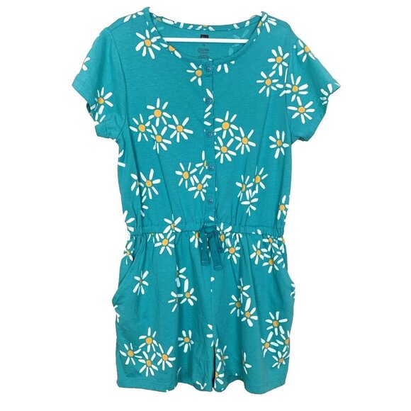 Tea Collection Girls 12 Romper Short Sleeve Shorts Henley Knit Green Floral - Picture 1 of 16